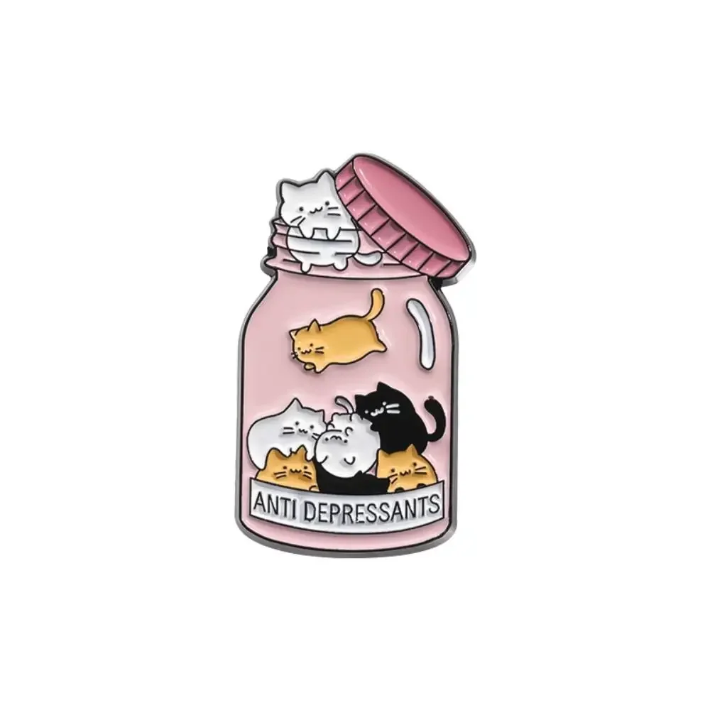 Pot Anti-dépressants chats émail broche Badge bouteille certifié chat cadeau bijoux dame miaou Catitude Animal pilule mentale Heath