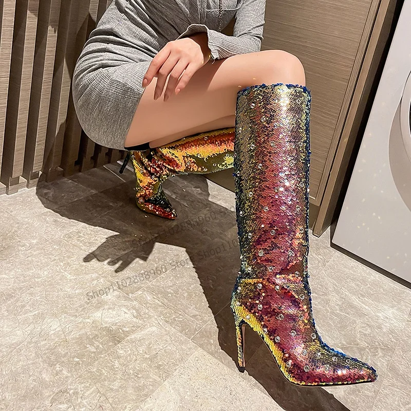 

Knee High Gradient Crystal Glitter Decor Boots Thin High Heel Women Shoes Slip-On Pointed Toe 2023 Fashion Zapatos Para Mujere