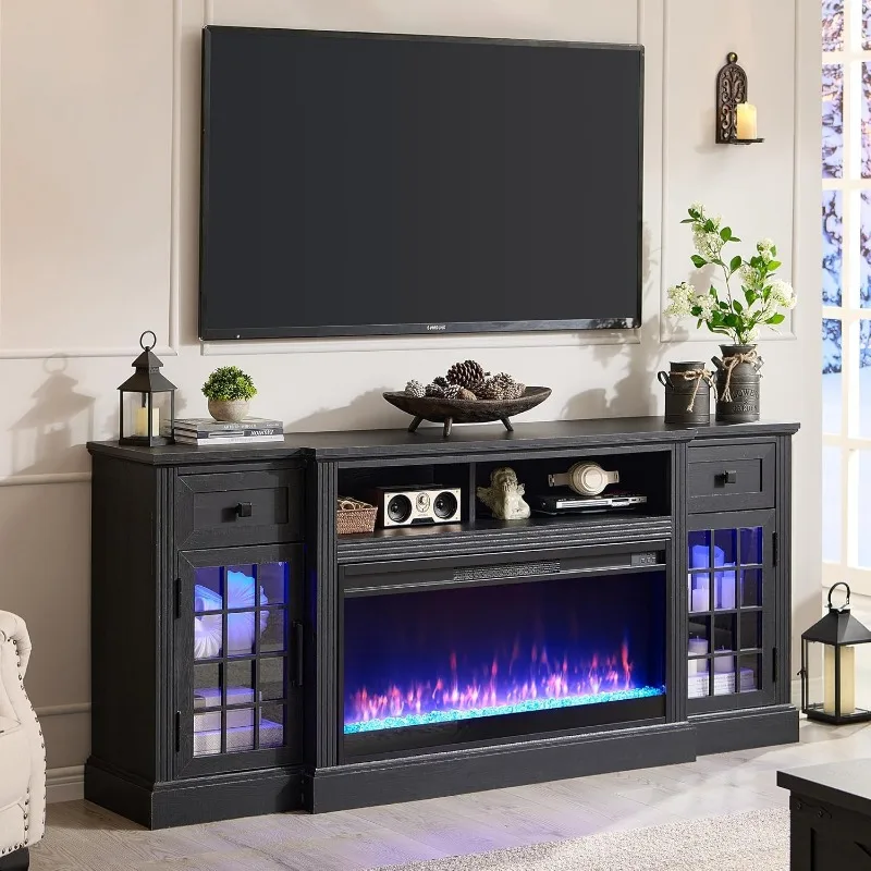 Fireplace TV Stand for 80 Inch TV, Farmhouse Highboy Entertainment Center w/LED Lights & 36