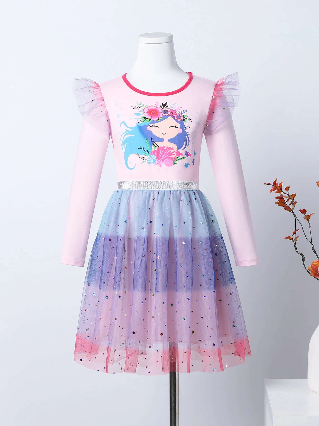 Girls Floral Print Long Sleeve Dress with Star Moon Gradient Embroidery Mesh Paneling And Fairy Wings LH1768