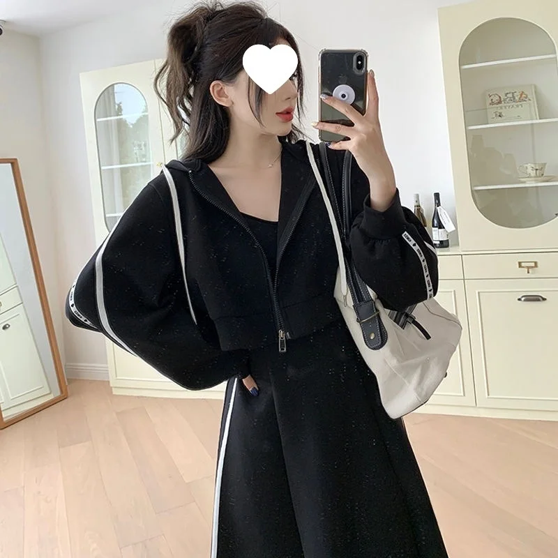 

plus Size Conceal Meat Set Women's Spring Sweatshirt Halter Dress Anti-Aging 250 Pounds Slimming Two-Piece Set CleanFit PVC P...