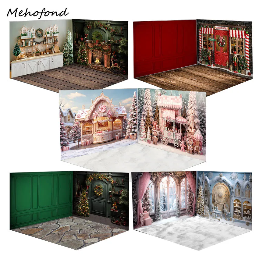 

Mehofond Xmas Red Green Wall Photography Backdrop Children Birthday Party Xmas Toy Store Candy Trees Decor Background Photozone