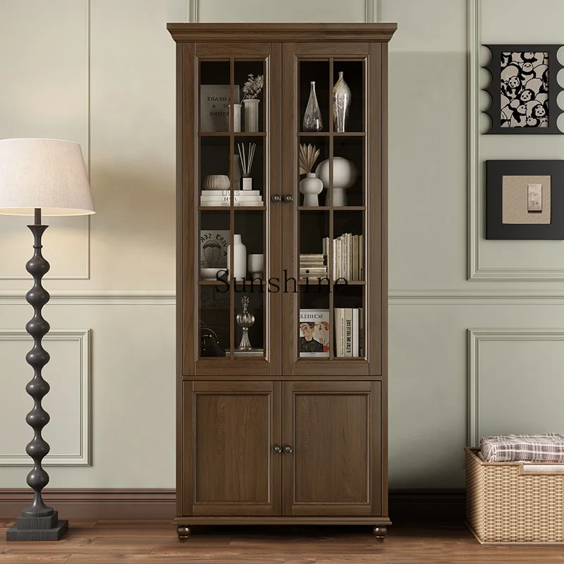 

American solid wood three-door wall-to-wall bookcase Modern simple floor-to-ceiling cabinet with glass door