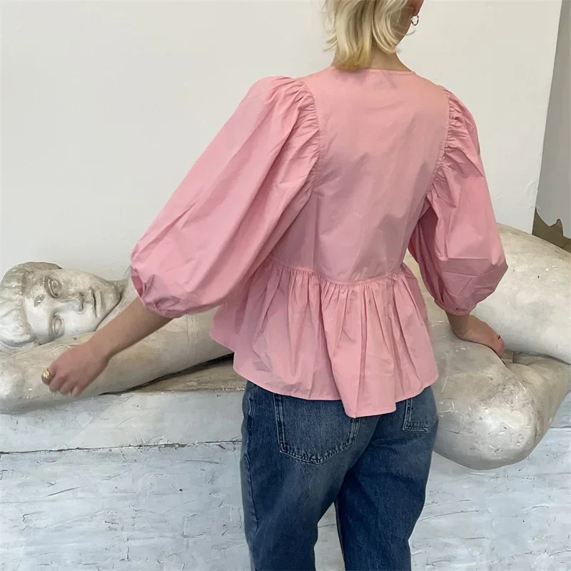 جديد أنيق شريط طباعة القوس الدانتيل يصل نفخة الأكمام بلوزة المرأة عادية فضفاض س الرقبة القمم قميص موضة الإناث تخفيف الشارع الشهير