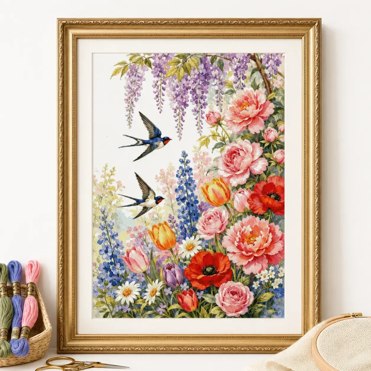 [No mixed embroidery, not full embroidery] [ZZ8855-Flowering Flying Swallow]11CT 14CT 16CT DIY Stamped Cross Stitch Kit with Pri