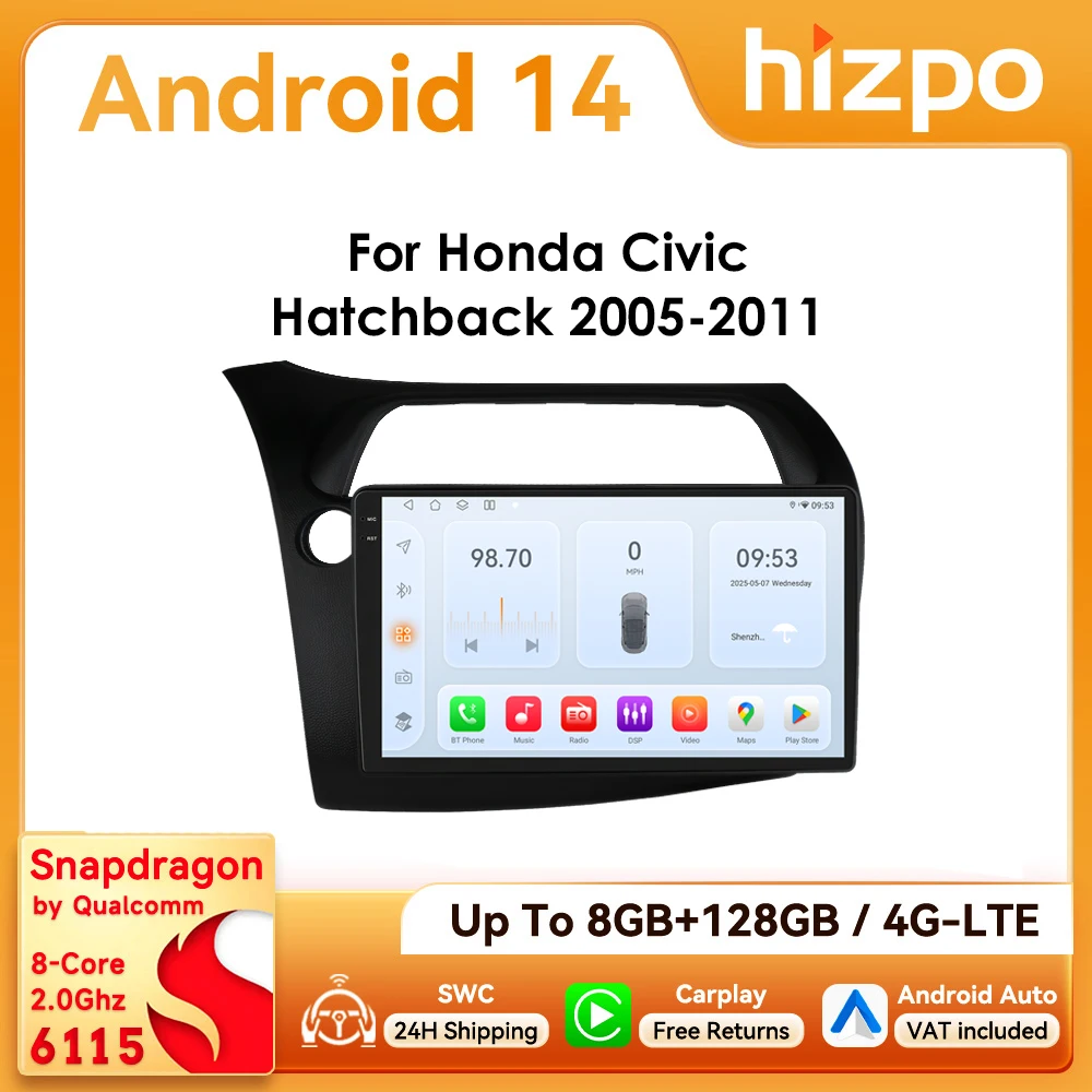 Autoradio Android Hizpo 2Din 9 pouces pour Honda Civic Hatchback 2005 - 2011 Snapadragon 6115 Auto Carplay 4G WiFi Bluetooth DSP RDS GPS Navi 360 ° CAM