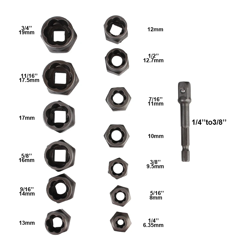 14pcs Car Tool Kit 6.35mm-19mm Damaged Screw Extractor Bolt Nut Remover Socket Set Hand Tools Cr-Mo Steel