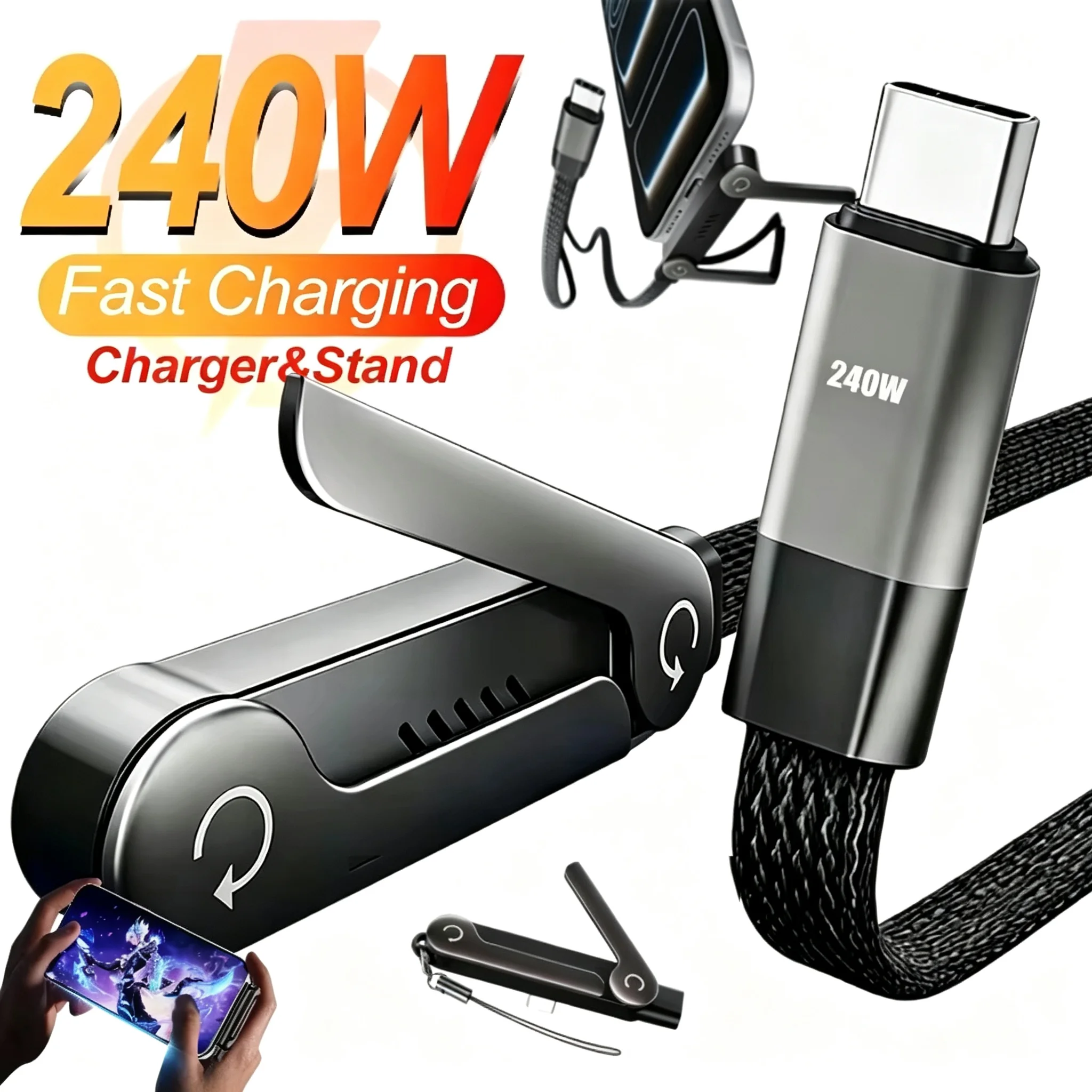 Multifunction USB Type C Cables 240W High-speed Quick Charging Wire with Folding Phone Stands for IPhone 17 16 15 Samsung