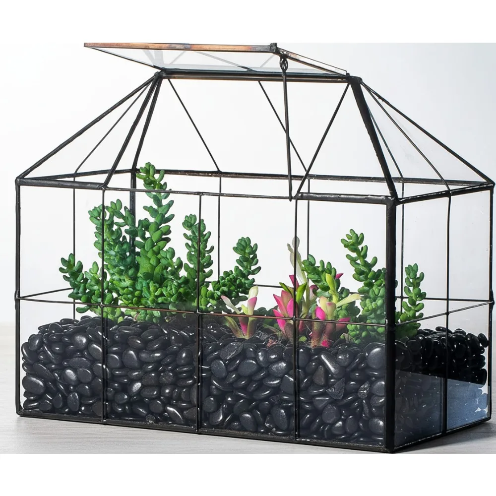 تررم زجاجي هندسي مع غطاء لصبار العصارة، ديكور حديقة داخلي شبكي أسود