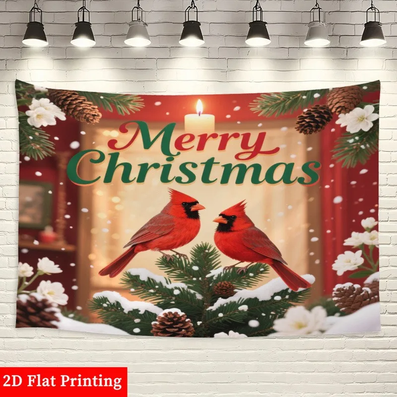 Double cardinals in the snow accompany Christmas, pine branches and candlelight to celebrate the holiday-Christmas hanging cloth