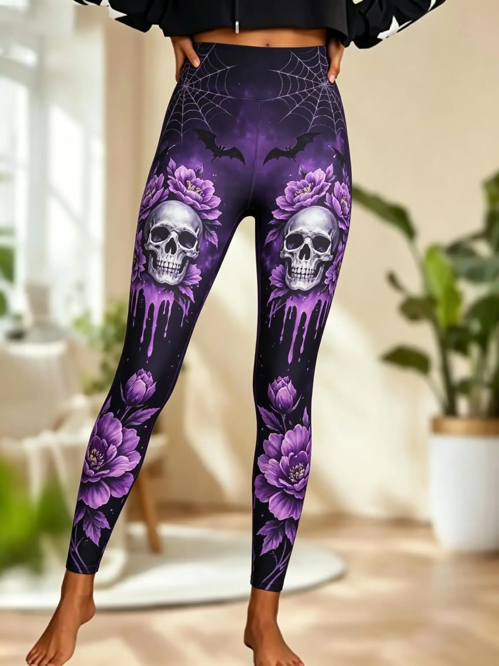 Women Halloween Fleece Mid‑Rise Leggings Skull Pink Rose Bat Spider Web Full Print Stretch Slim Pants