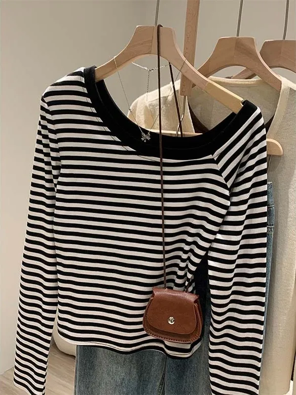 Maglietta a Righe Primaverile da Donna, Aderente, con Spalle Scoperte, Design Puro e Seducente, Bianco e Nero, Top Casual alla Moda