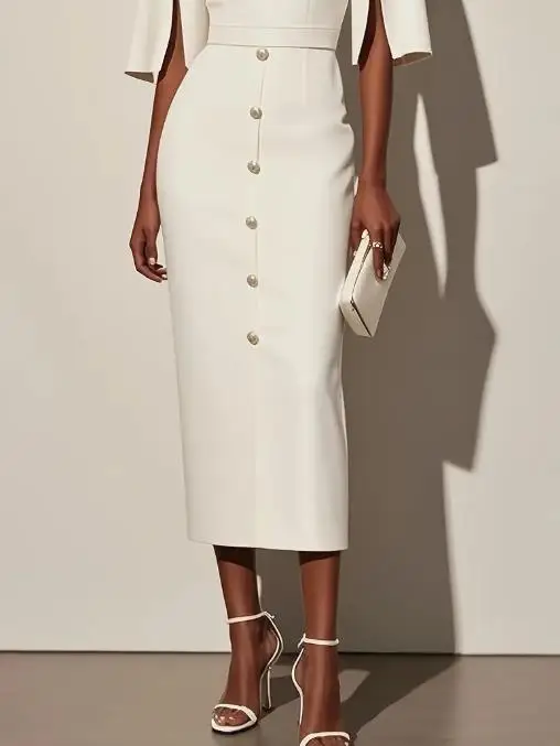 

2025 New Summer Solid Color Round Neck Waist Split Button Decorative Dress for Women