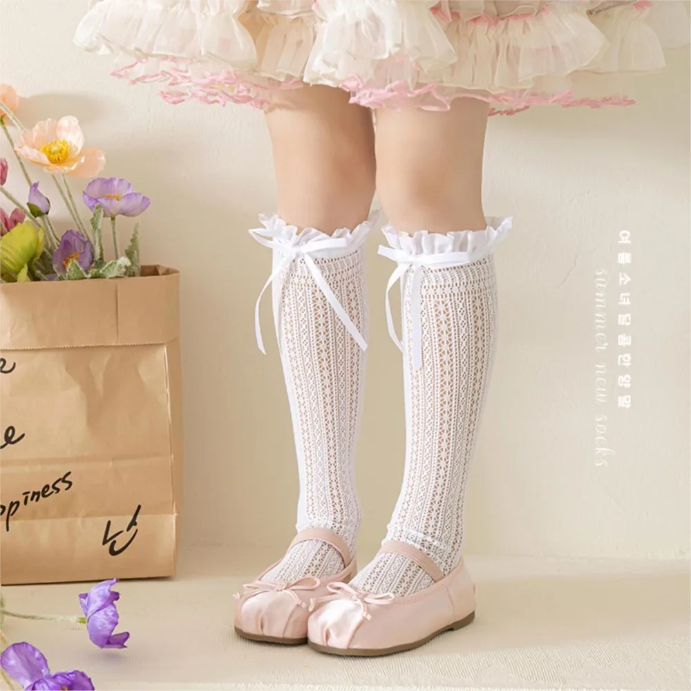 Girls' Socks Spring Summer Thin Style Lolita Lace  Bow Ribbon Ribbon Lace Long Tube Girl Calf Pile Tight Stockings