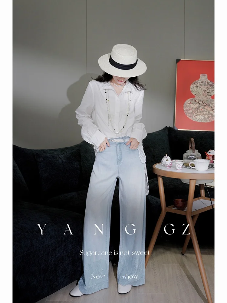 

High Waist Wide Leg Denim Jeans Women's Lace Belted Waed Casual Sle Pure Color Autumn Spring Seasonal Comfortable Breathable