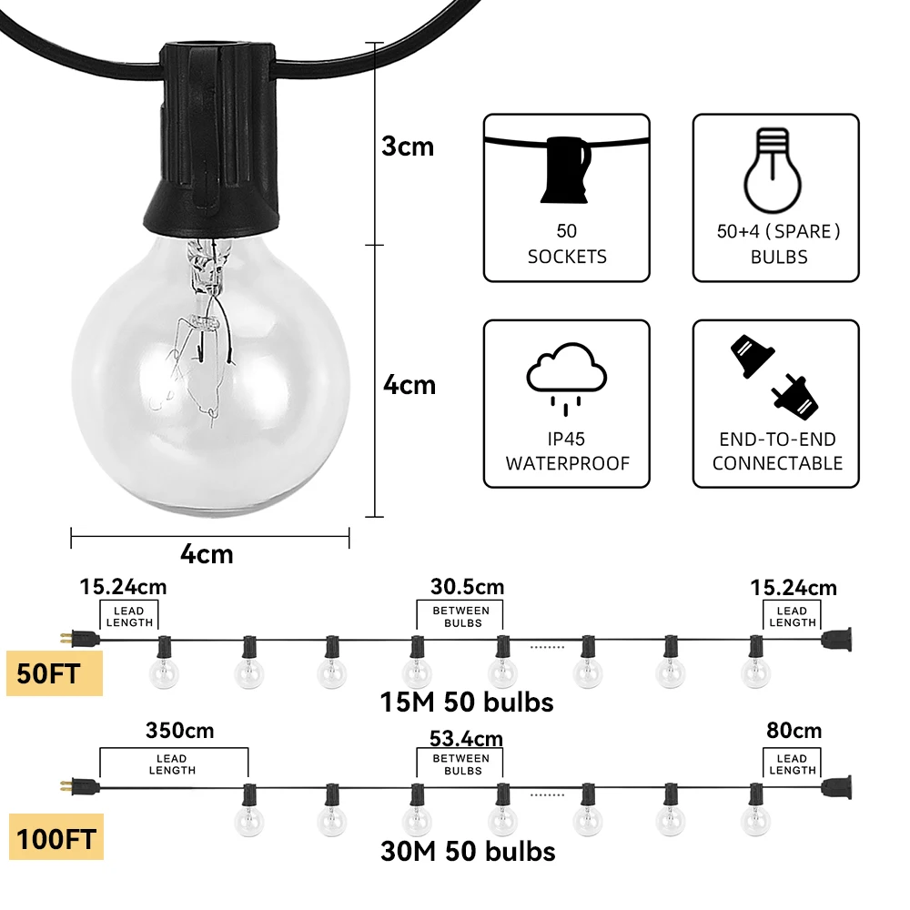 100ft 50ft 25ft Lichterkette Licht im Freien Girlande Licht Weihnachten Terrasse Lichterkette für Outdoor-Party Garten Hochzeit dekorieren