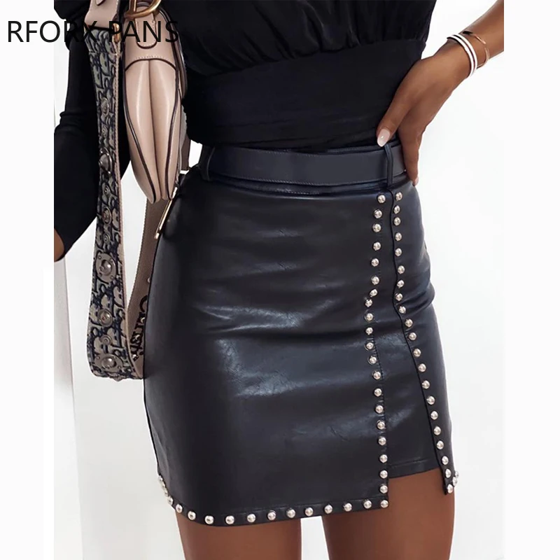 

Women Solid Rivet Decoration PU Leather Zipper Mini Bodycon Black Skirt