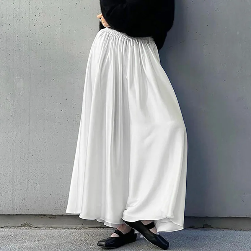 

2025 New Classic White Satin Loose High Waist Elastic Belt Half Skirt Commuter and Ankle Long Skirt