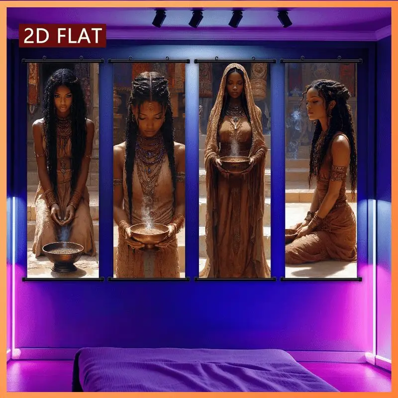 VIKAMA African Woman Incense Bowl Wall Tapestry Braided Hair Beige Dress Gold Jewelry Portrait Scroll Art Home Decor Retro Style
