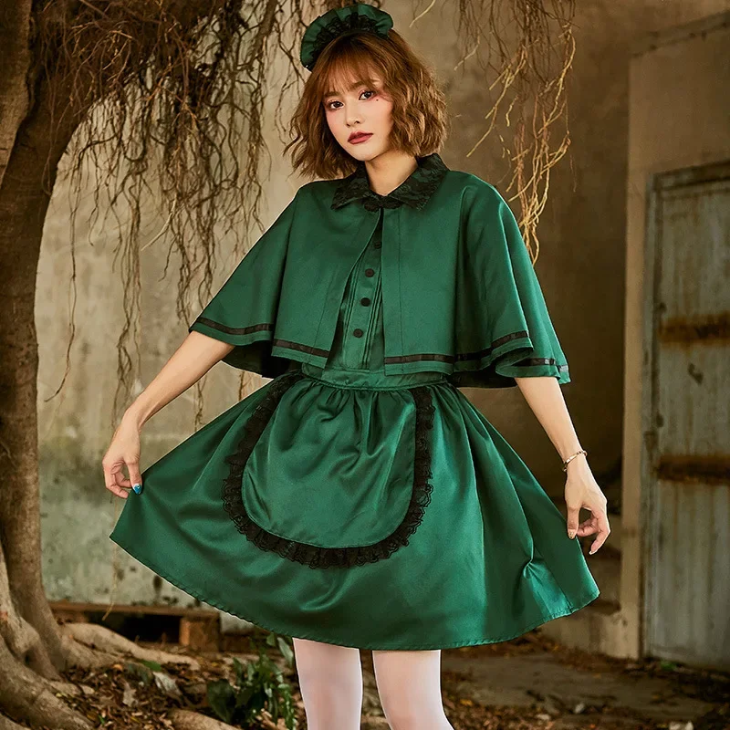 

Dark Green Old Castle Turtleneck Slim Temperament Maid Dress With Cape Costumes