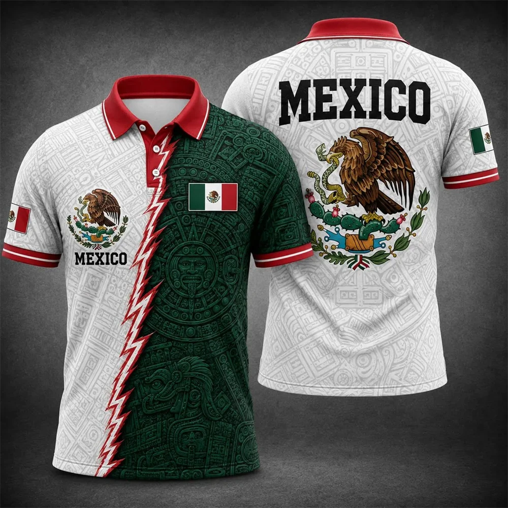 Personalized Mexico Flag Polo Shirt Custom Name Number Print Short Sleeve Tops For Football Fan Daily Holiday Casual Sports Tee