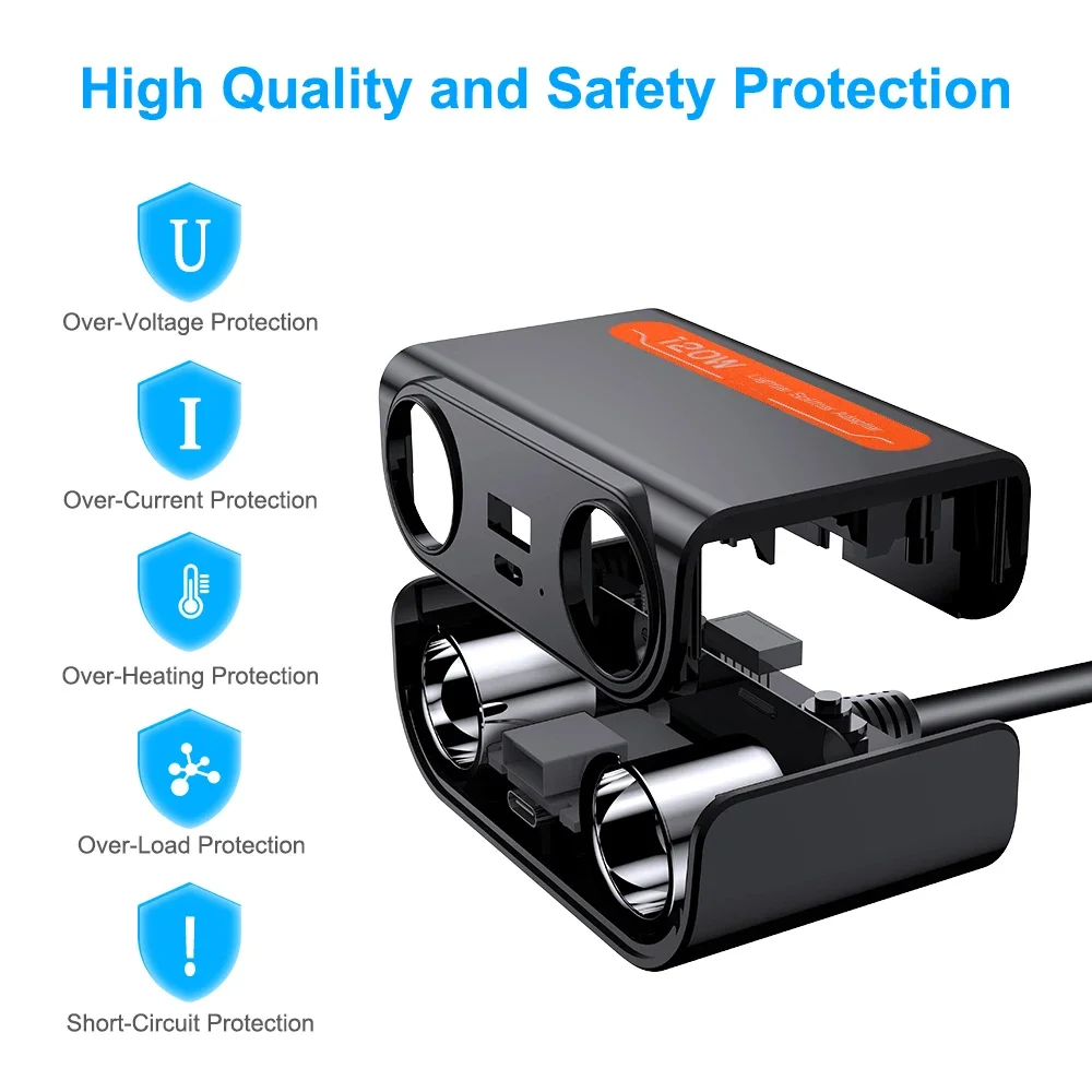 24/12V Socket Cigarette Lighter Splitter,120W Dual USB PD Socket DC Outlet Car Charger Adapter with LED Voltage Display