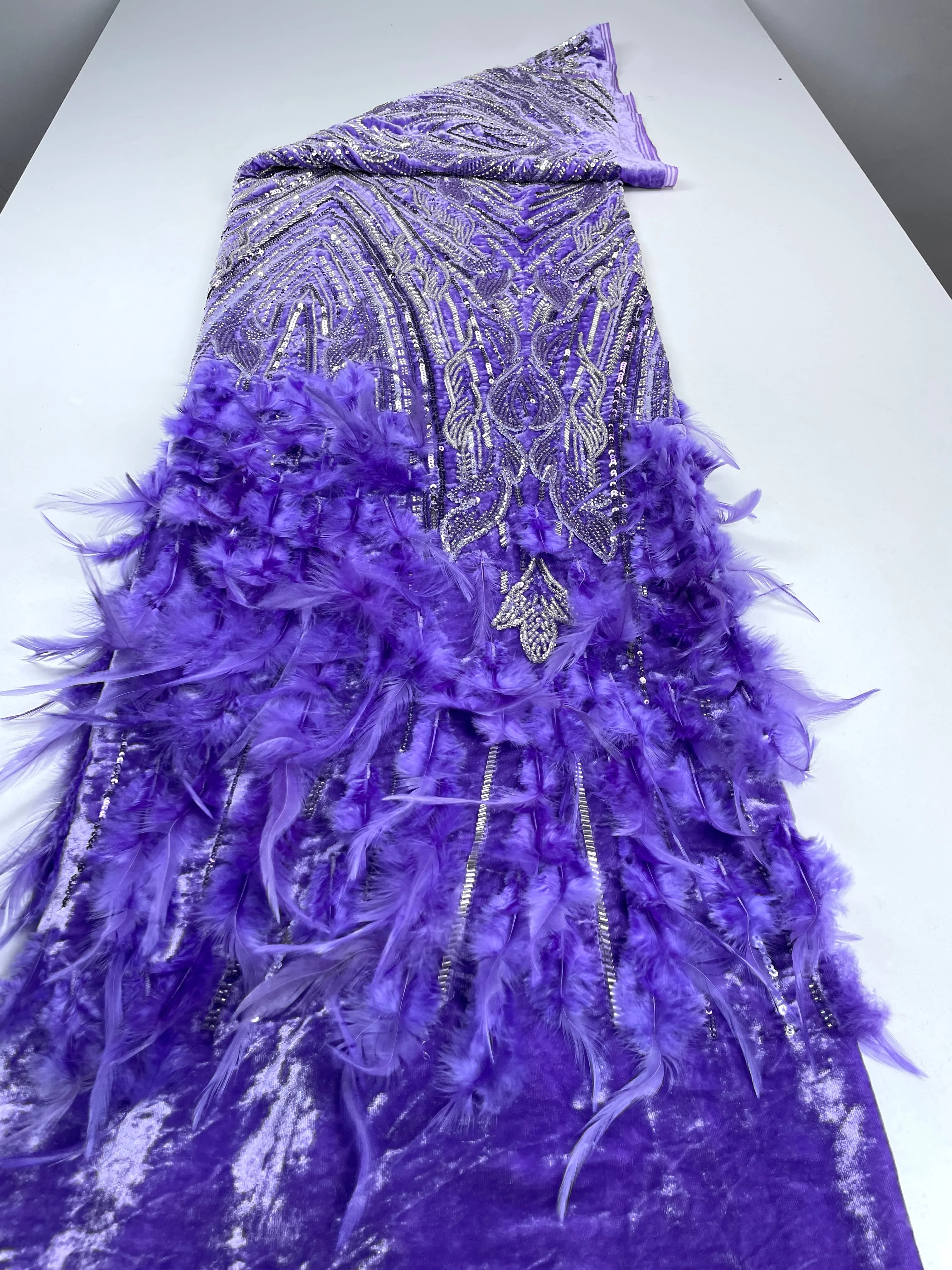 African Lace Fabric 3D Feather Embroidery Sequins Mesh Luxury Beads Tulle High Quality for Sewing Accessories