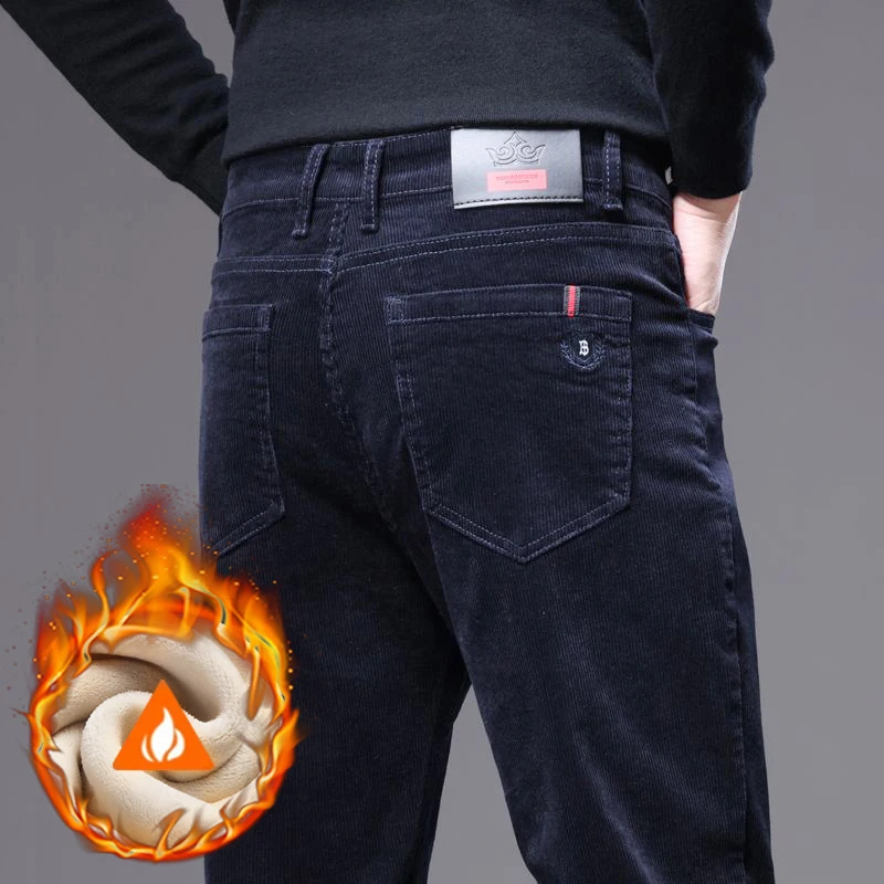 Winter Warm Fleece Army Green Men's Corduroy Pants Thicken Business Small Straight Slim Outdoors Cargo Work Casual Trouser Male