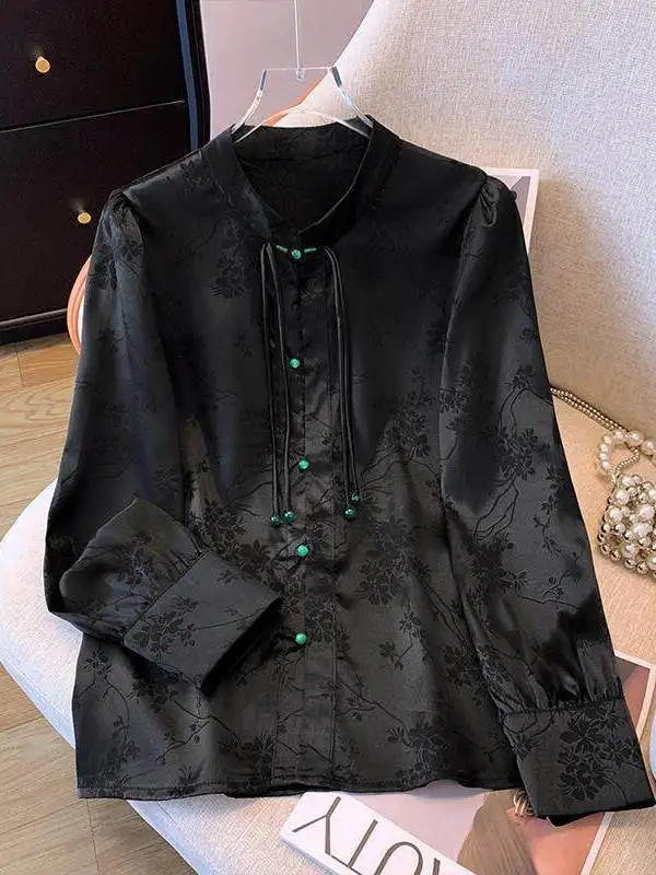 

Loose plus Size Women's Shirt Traditional Chinese Style Spring Summer Thin Retro Button up Top Breathable Polyester Fiber