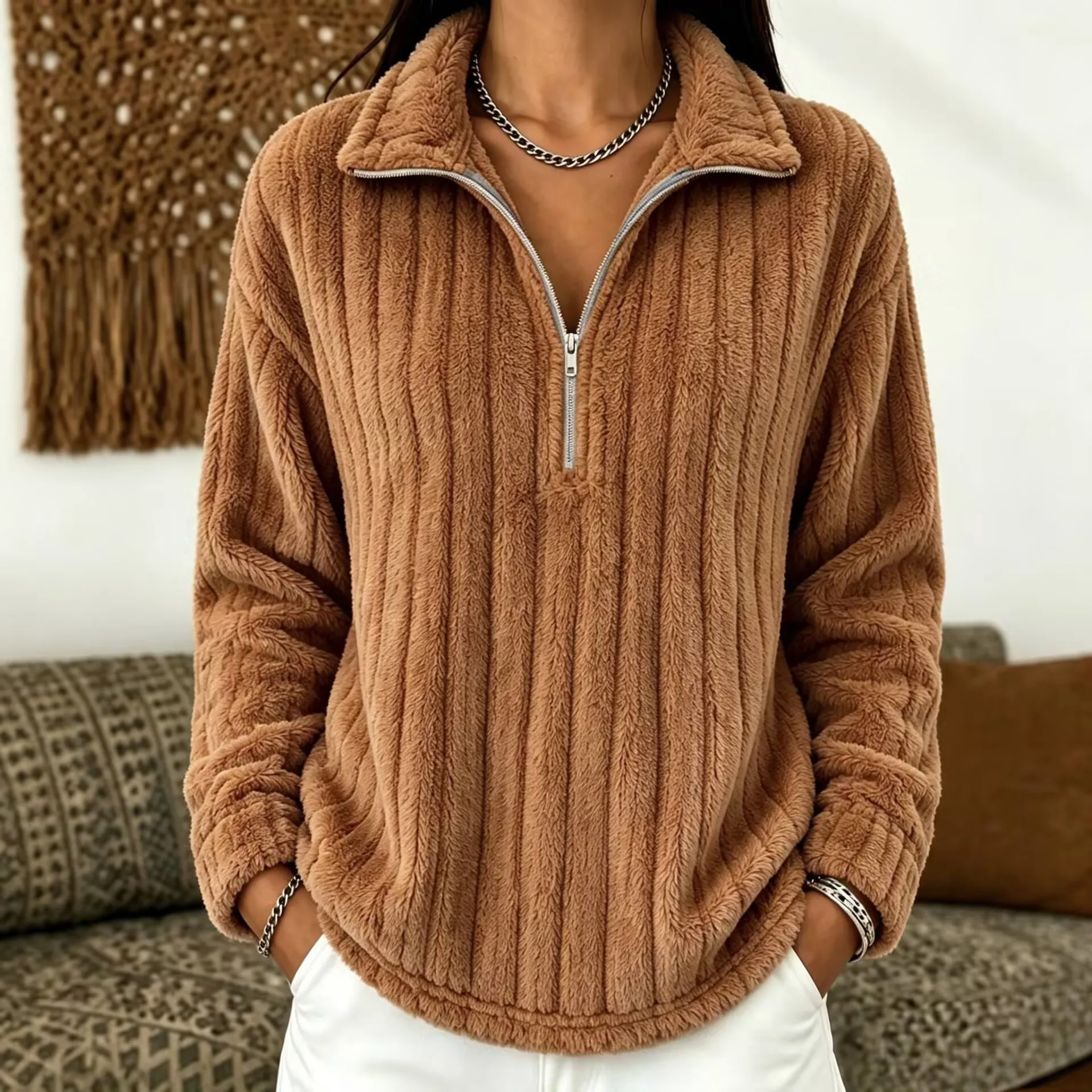 Women's Autumn Winter Turn Collar Ribbed Fleece-lined Warm Zip-up Long-sleeved Sweatshirt