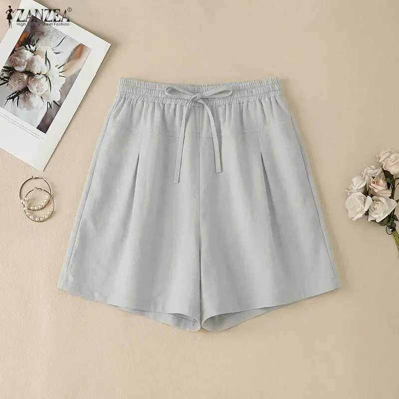 

2026 ZANZEA Women Summer Casual Elastic Waist Solid Shorts Stylish Holiday Beach Shorts Drawstring Baggy Pantalon Female Palazzo