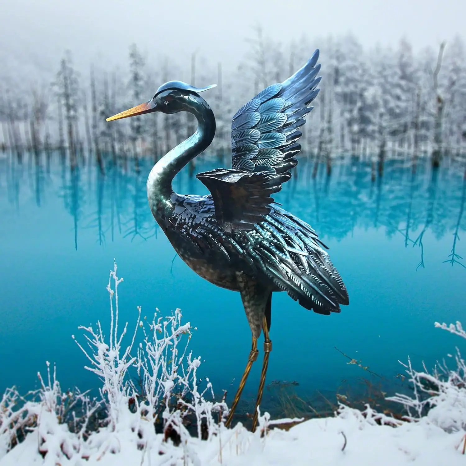 

Crane Garden Statue Sculpture, Metal Heron Outdoor Decor, Yard Art Bird Decoy for Backyard Pond Patio Porch Lawn Decora