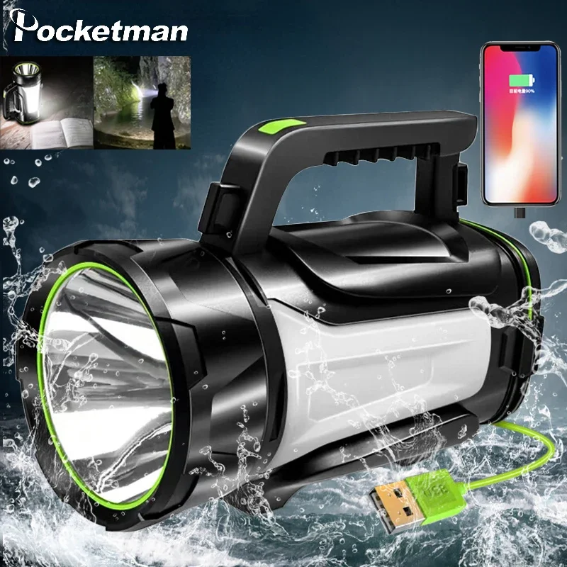 

Powerful Portable LED Work Light USB Rechargeable Lanterns Waterproof Flood Light Searchlight With Side Light Power Bank