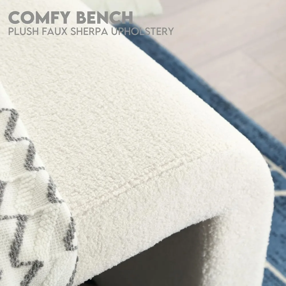 Conjunto de banco Boucle moderno branco de 1, banco retangular de entrada Sherpa, otomano estofado, apoio para os pés do banco interno