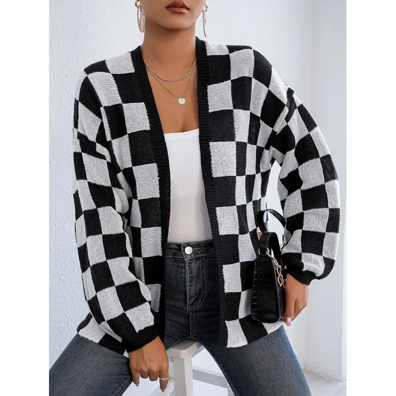 Cross-border Women's Thick Checkerboard Knit Cardigan Casual Loose Sweater Coat for European American Market