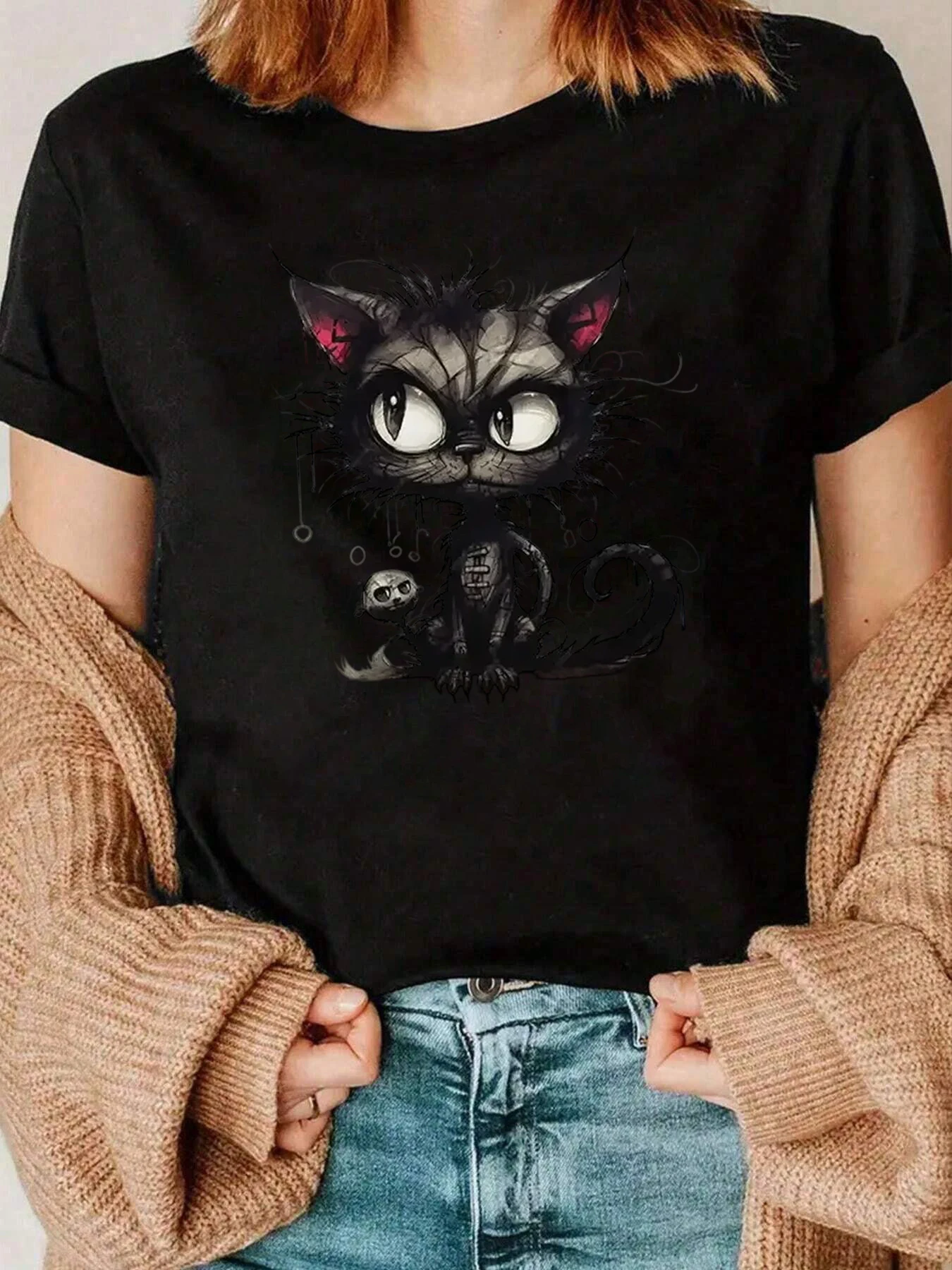 猫と頭蓋骨プリント T シャツ カジュアルウェア レディース 220g