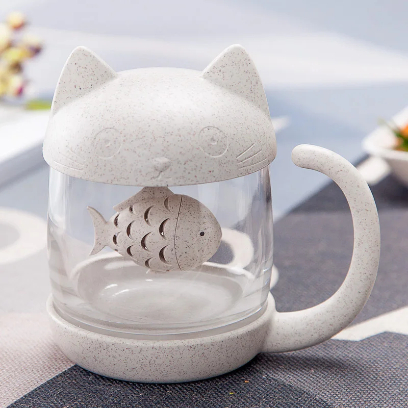 Cute Cat Glass with Lid Office Couple Flower Tea Filter Water Cup Creative Mug Cartoon Simple Design and Creative Concept