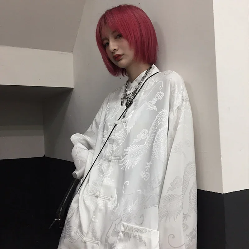 

Женская блузка в китайском стиле с принтом дракона в стиле Харадзюку, уличная одежда с воротником-стойкой и пряжкой, мужское винтажное кимоно, черно-белая рубашка, топы