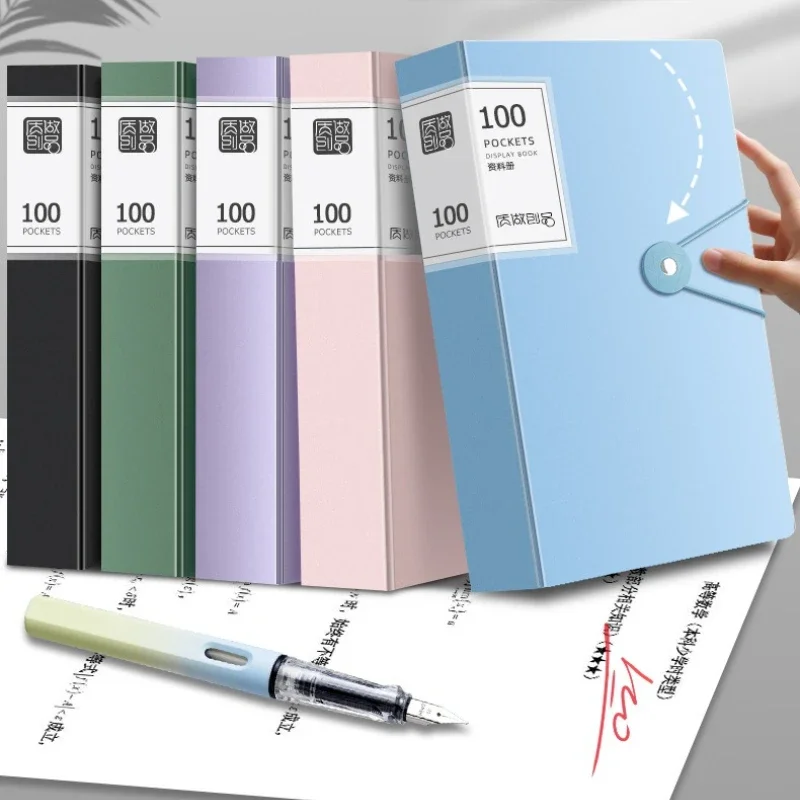 A4 100 Inner Pockets Large Capacity Document Folder with Buckle Transparent Insert Pages Exam Paper Organizer Office Supplies