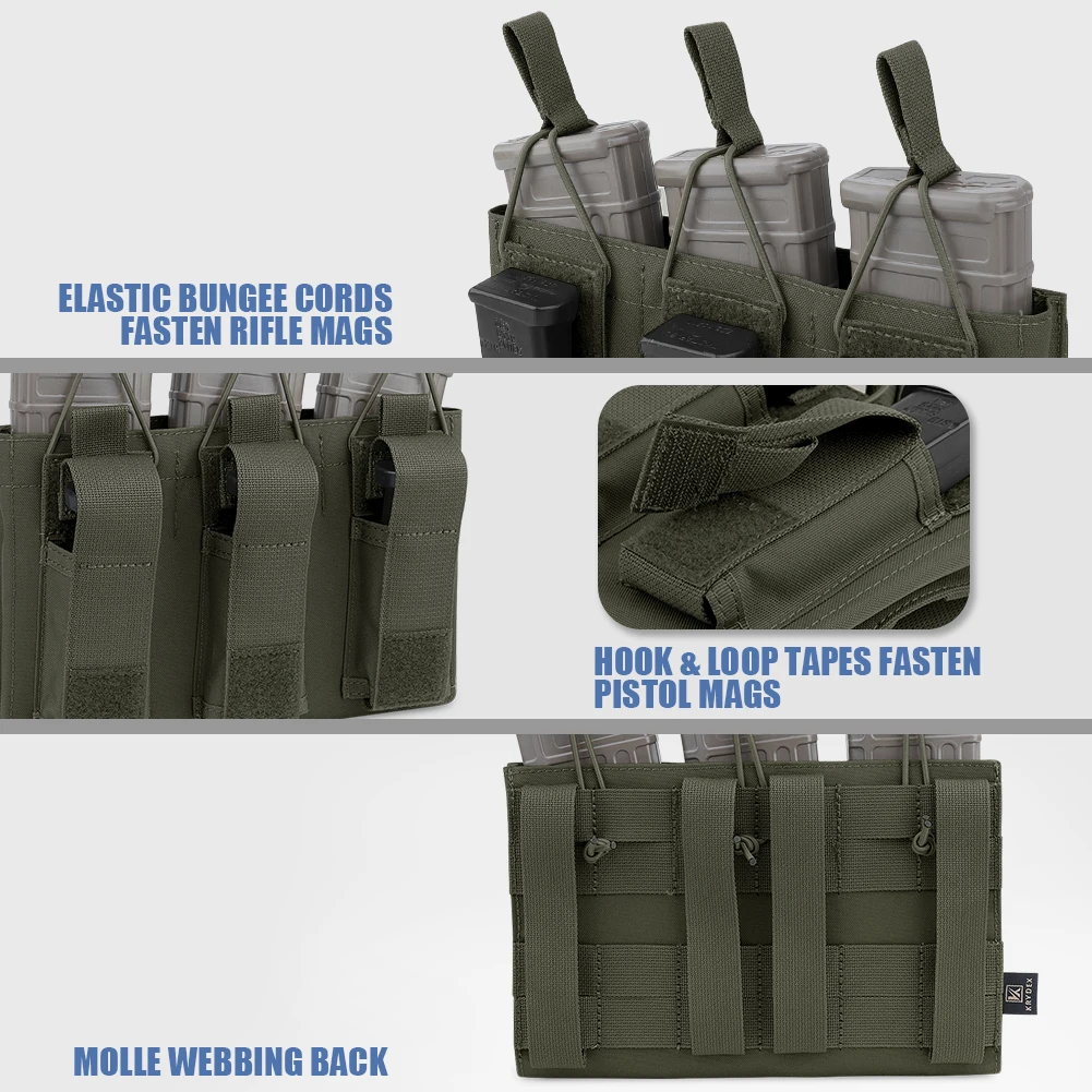KRYDEX Tactical 5.56 & Pistol Mag Pouch Open Top Triple Magazine Carrier Pouch for M4 M16 1911 HK45 Glock Hunting Gear