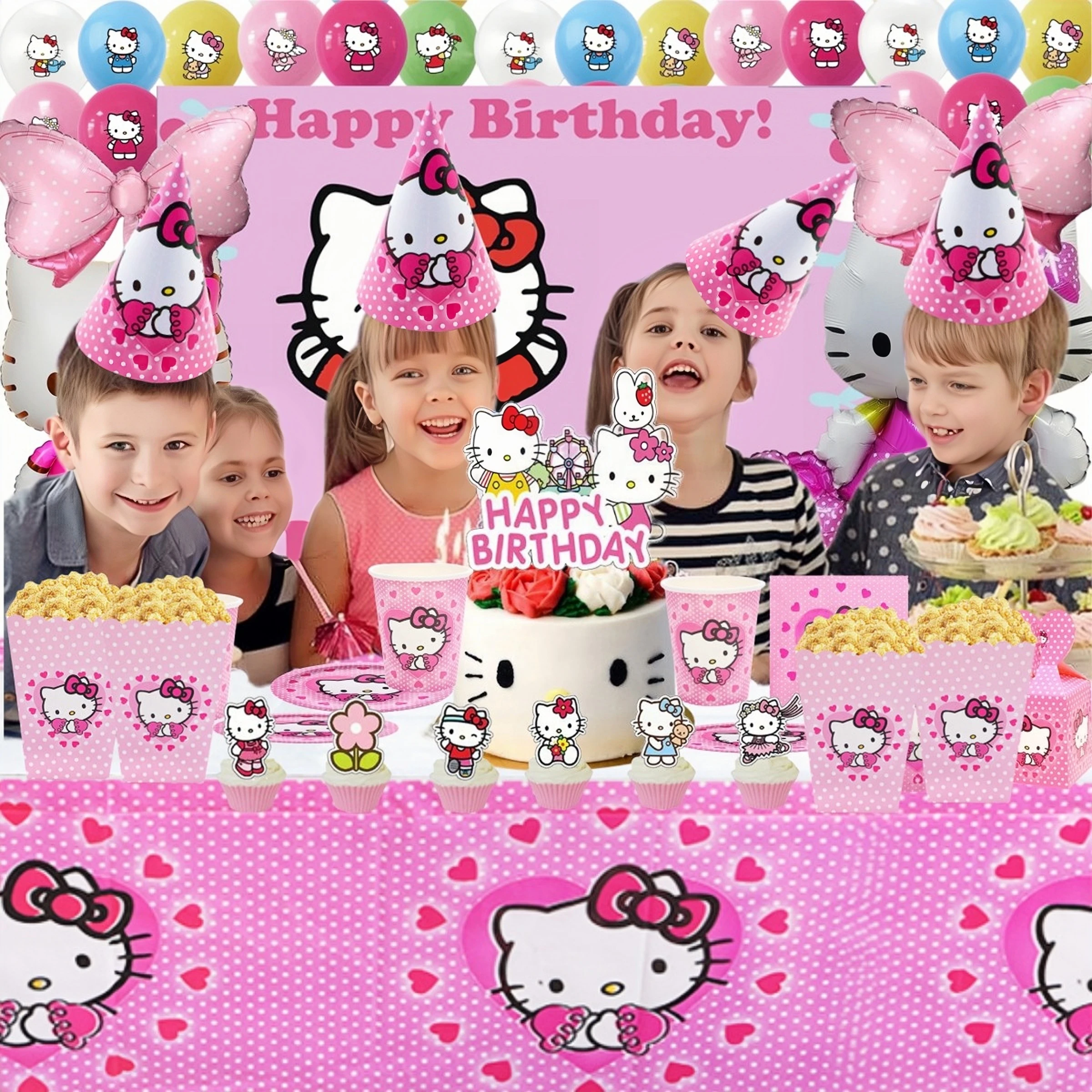 แผ่นตกแต่งสำหรับปาร์ตี้วันเกิดลาย Hello Kitty สีชมพูอุปกรณ์ตกแต่งลูกโป่งแบบใช้แล้วทิ้งของใช้ในงานเลี้ยงของขวัญสำหรับเด็กผู้หญิง