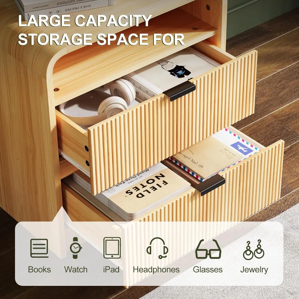 منضدة مخددة مع قاعدة شحن، طاولة نهاية خشبية مع درجين للتخزين، تصميم ملف تعريف منحني، خزانة بجانب السرير حديثة