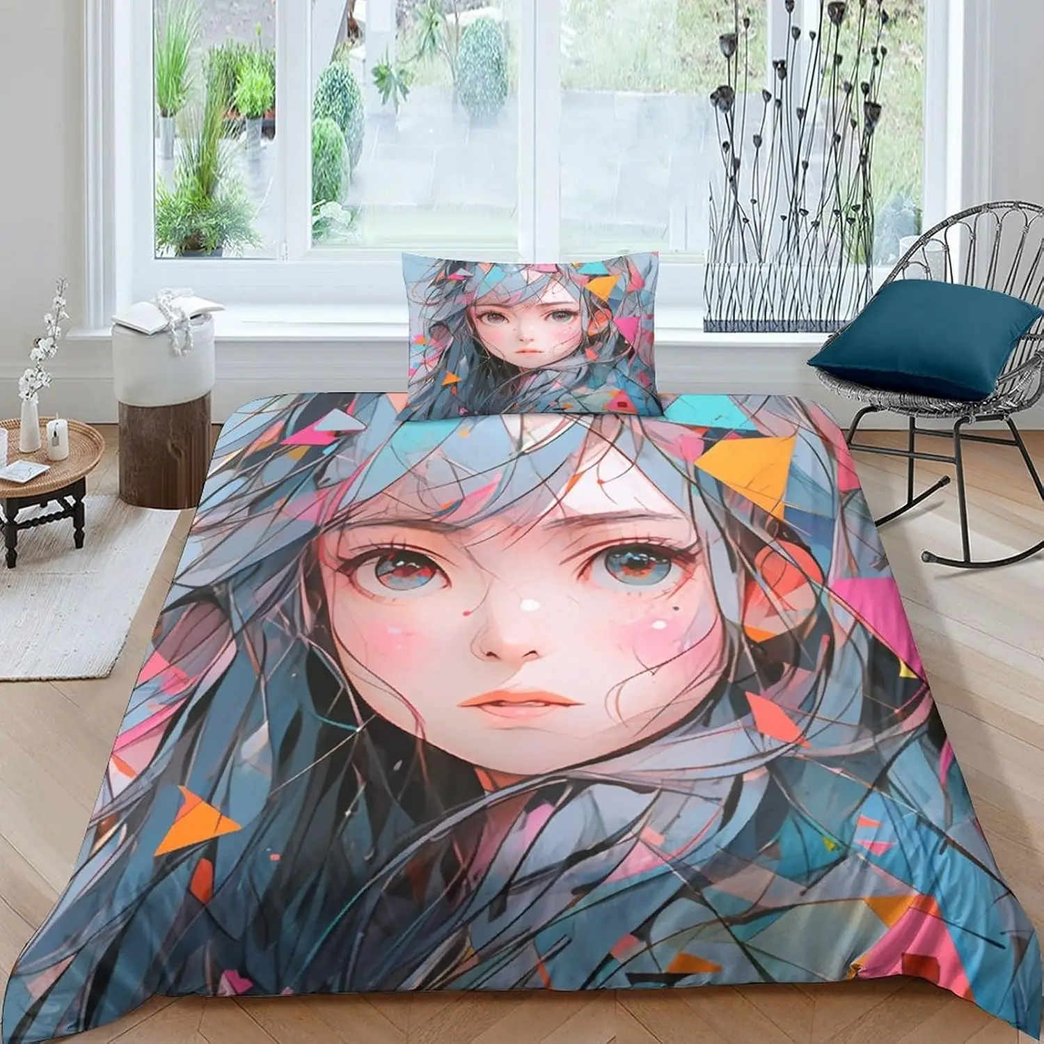 Anime Girl Bedding Set Blue Hair Pink Eyes Hypoallergenic 3D Printed Duvet Cover Set 3pcs Ultra Soft Quilt Cover Twin King