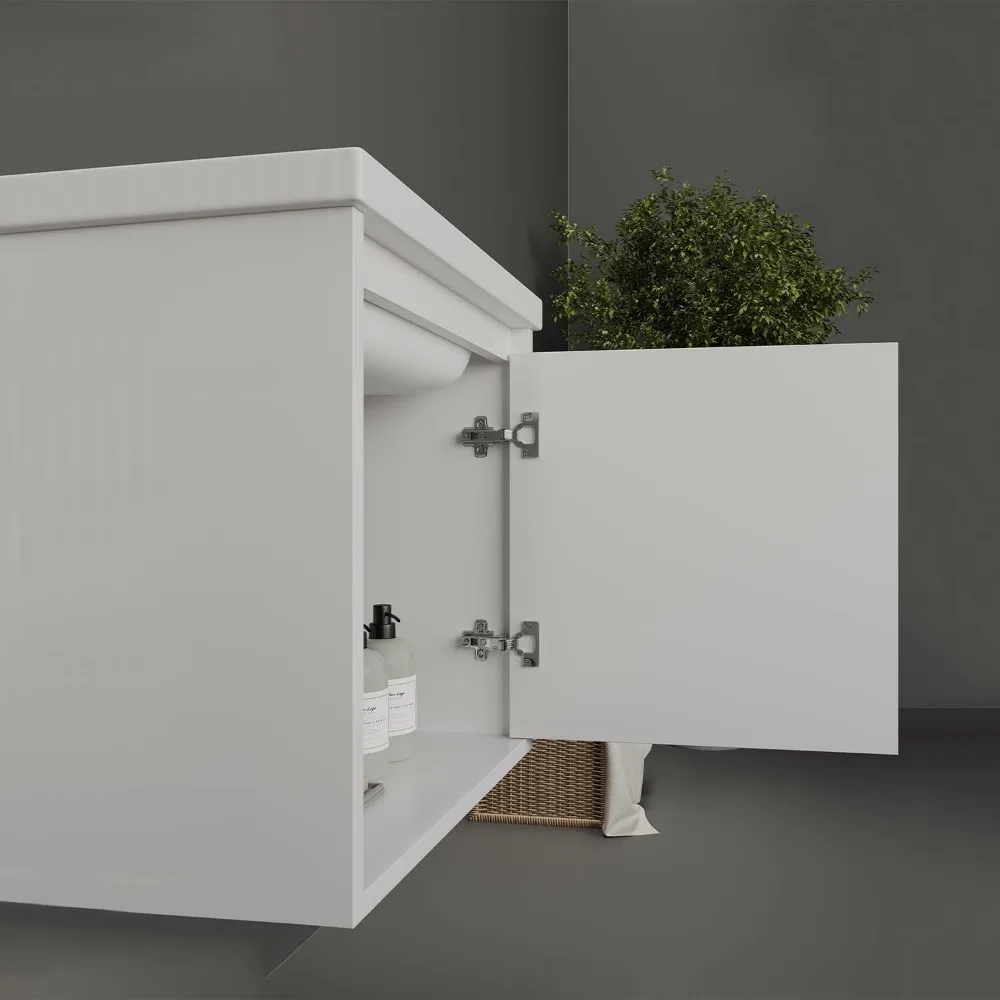 Tocador de baño de 20 pulgadas con lavabo, tocador flotante pequeño con puerta suave y gabinete moderno, grifo, drenaje emergente, trampa P incluida