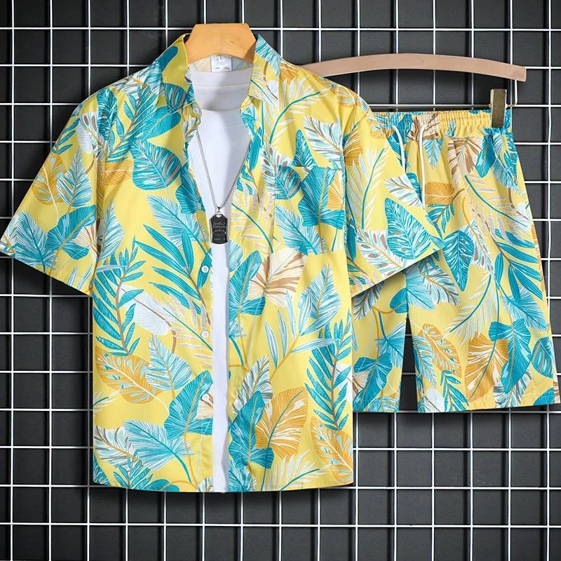 

Американская мода Цветочные желтые рубашки и короткие комплекты из 2 предметов Мужские наряды в стиле хип-хоп большого размера с короткими рукавами Гавайи Пляжный повседневный 2025