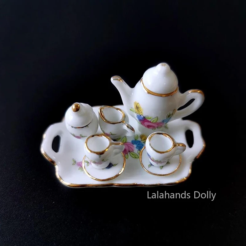Mini set da tè in ceramica per casa delle bambole Tazza da tè Mini modello di scena di gioco con il cibo per la casa delle bambole Articoli da cucina in miniatura Accessori per mobili