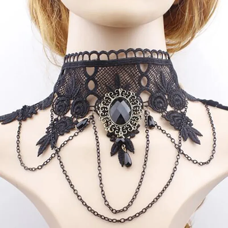 Fashion Gothic Victorian Crystal Tassel Tattoo Choker Necklace Black Lace Collar Vintage Women Wedding Jewelry