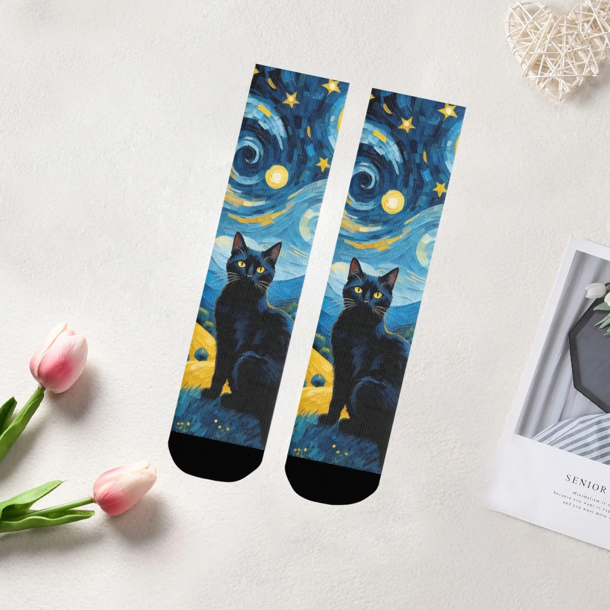 

Unisex Minimalist Black Cat Starry Socks Van Gogh Inspire The Starry Night Subtle Print for Artist Wardrobes & Daily Wear