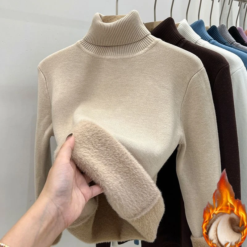 Rollkragenpullover Frauen Langarm Fleece Gefüttert Pullover Winter Dicke Herbst Warme Modische Tops Weiche Einfarbig Pullover