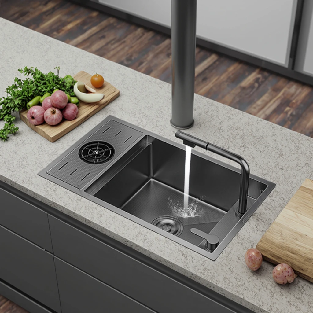 

Серебряная сотовая черная скрытая кухонная раковина с комплектом крышки, складной сливной кран, маленькая нержавеющая сталь 304